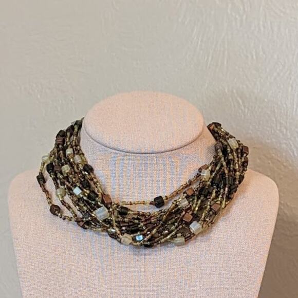 Green and Brown Multi-strand Choker Necklace - Picture 3 of 7